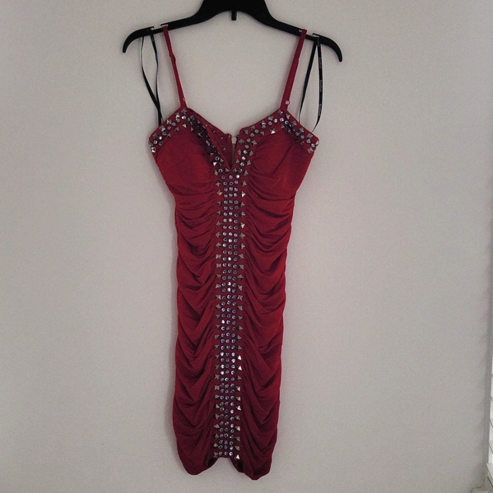 BEBE Rhinestone Studded Ruched Spaghetti Strap Mini Dress Size S